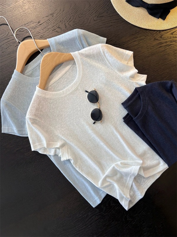 夏用の女性用テクスチャードショルダーソリッドカラーカジュアルラウンドネック半袖Tシャツ、ゆったり、多用途、スリム、通気性、薄い半袖|undefined