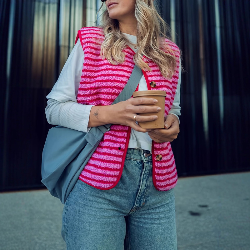 European and American Cross-Border Foreign Trade Women's Clothing Spring, Autumn and Winter Popular Side Pocket Plush Stripesd Vest Vest Cardigan Waistoutwear Jacket