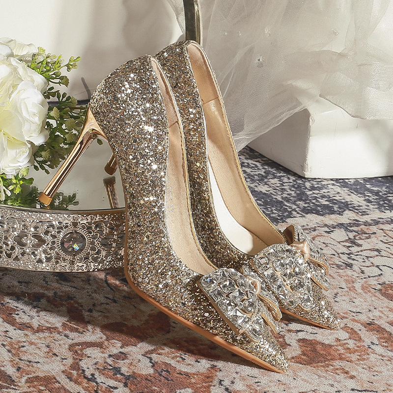 829-145 Wedding Shoes Autum New Gold Rhinestone Bow Bridal Shoes Crystal High Heels Elegant Stiletto Heels