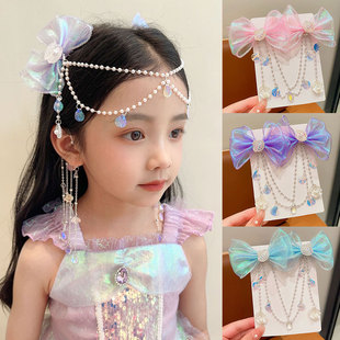 Children's Mermaid Pearl Hairpin Princess Fringe Forehead Chain Ear Hanging Headwear Little Girl's Bow Hair Accessories Shell