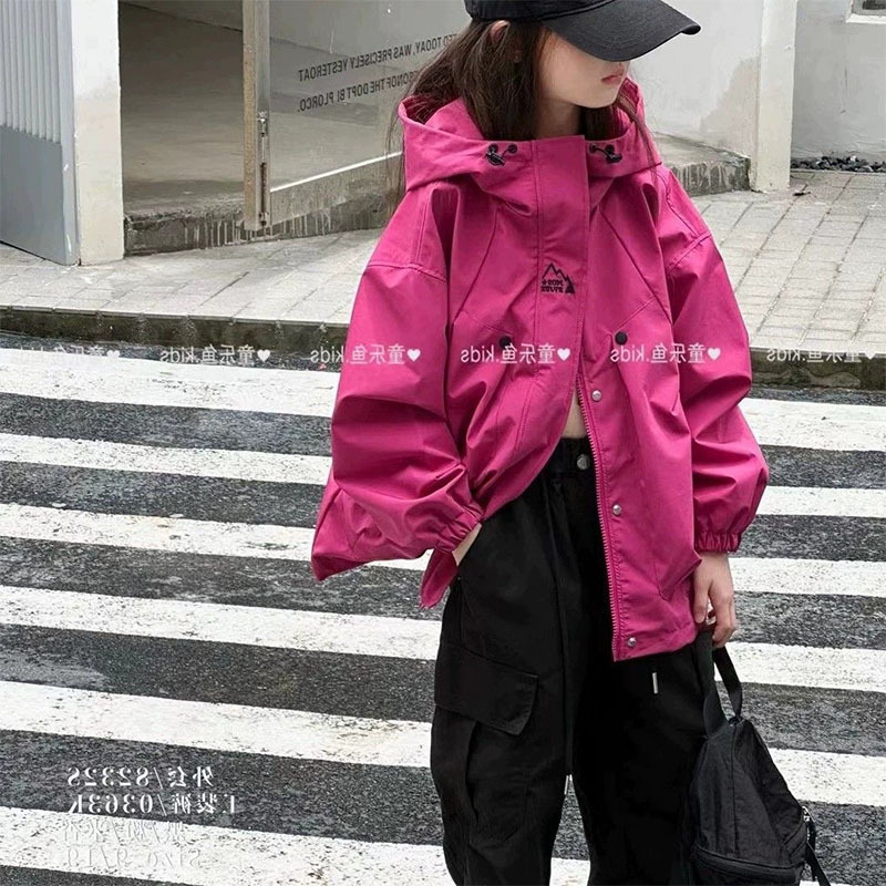 火龙果红色冲锋衣女童秋季宽松外套中大童户外休闲防风连帽夹克衫|undefined