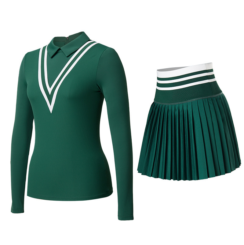 Trajes deportivos de tenis con solapa, mangas largas, falda corta, ejercicio, yoga, golf, tenis de dos piezas.