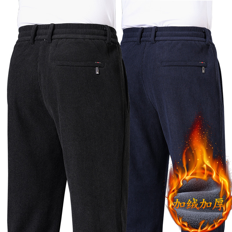 Winter Velvet Thickeneded Corduroy Casual Pants Men's Straight Warm Dad Pants Middle-Aged and Elderly Elastic Waist Corduroy Men's Pants