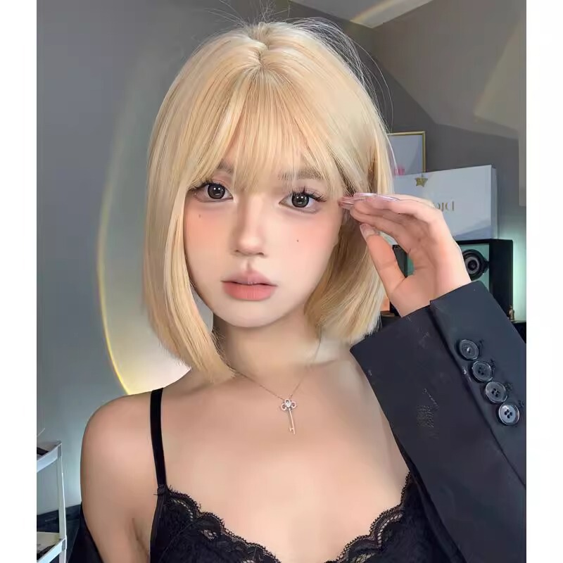 Princess KuKu-[Human Grass E] Wig Female Short Hair Female Bobo Hair Type Female Milk Tea Platinum Short Straight