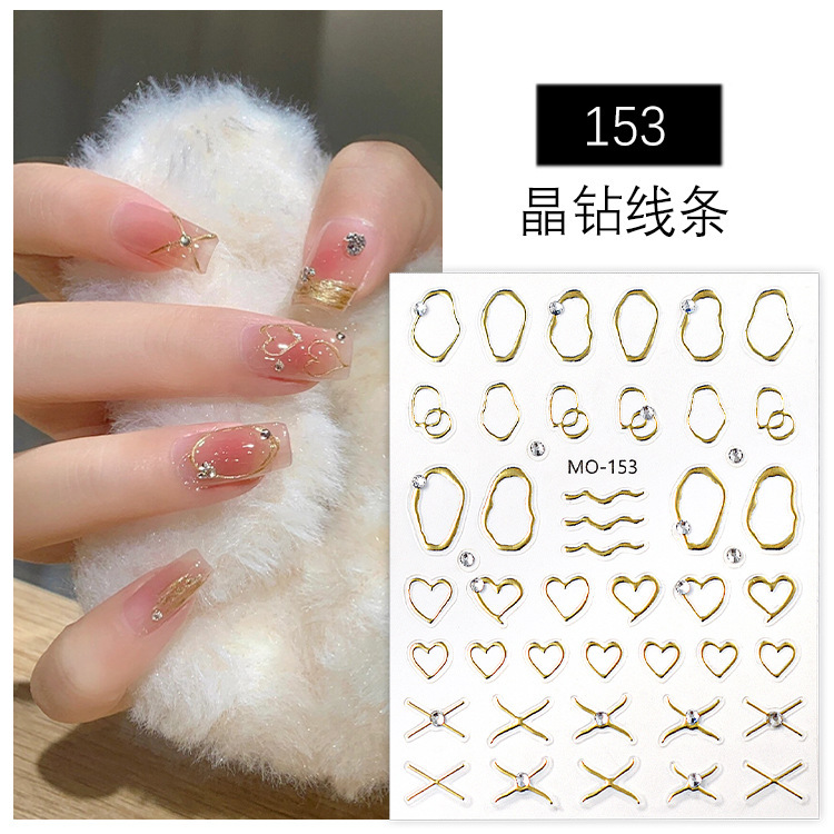 Crystal Diamond Line Manicure Stickers Hand-Painted Magic Mirror Powder Gold and Silver with Diamond Stereo Relief Hot Stamping Nail Patch Accessories
