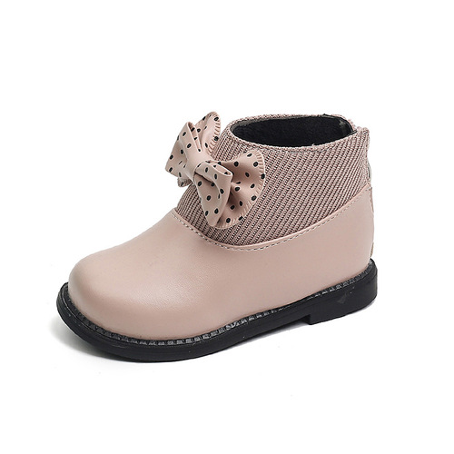 Children's Butterfly Knot Small Leather Boots Winter Girls Fleece Lined Short Boots Double Cotton Fashion Matchable Princess Shoes