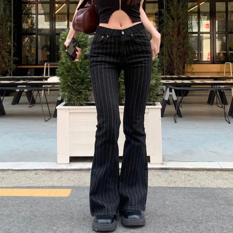 Trendy American Street Style Cool Girl Slim Fit Striped Color-Block Flared Pants Cross-Border New Slightly Spicy Low-Rise Straight-Leg Jeans