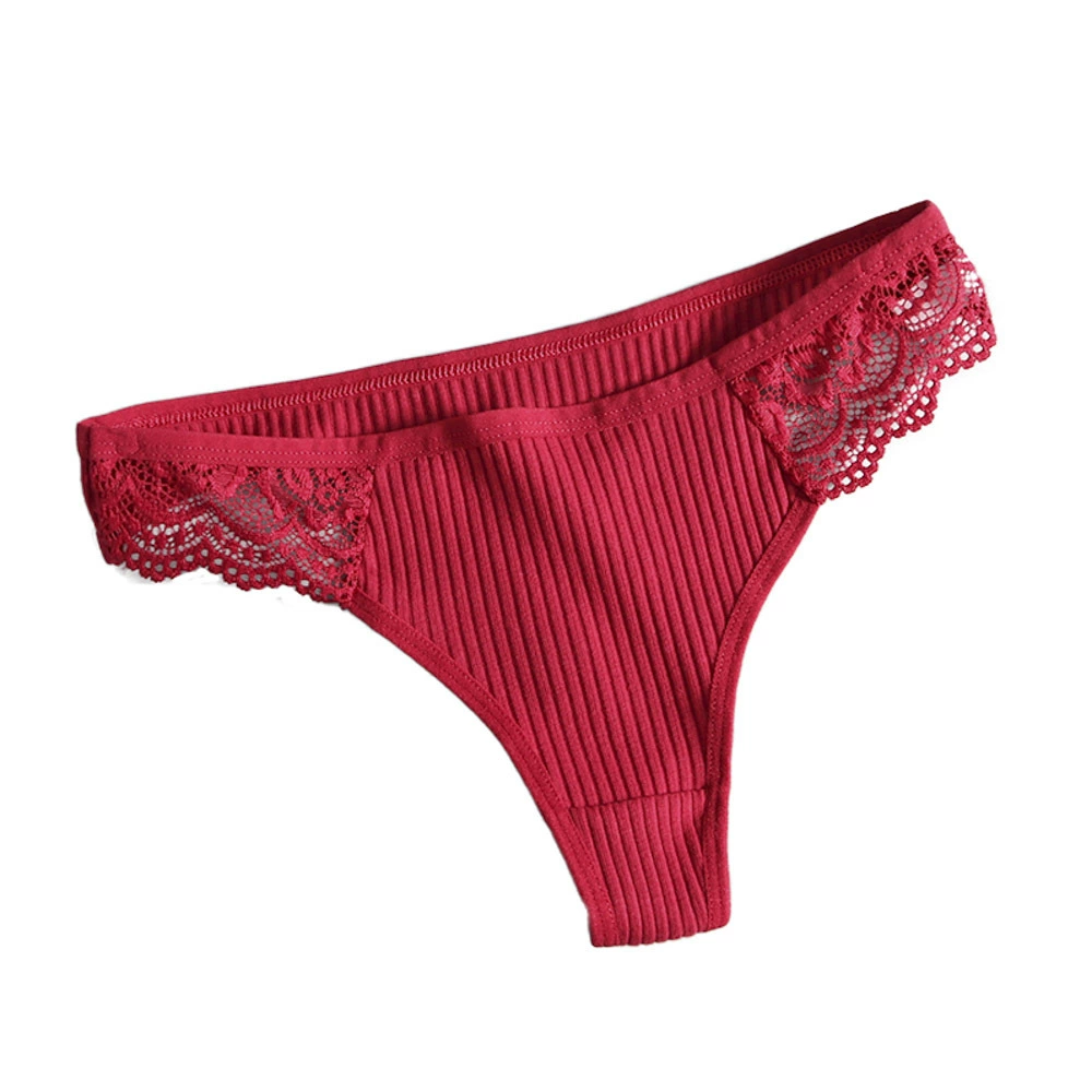 Women's Underwear Cotton Lace Thong, Ribbed Low‑Rise Style, Sizes S–XXL