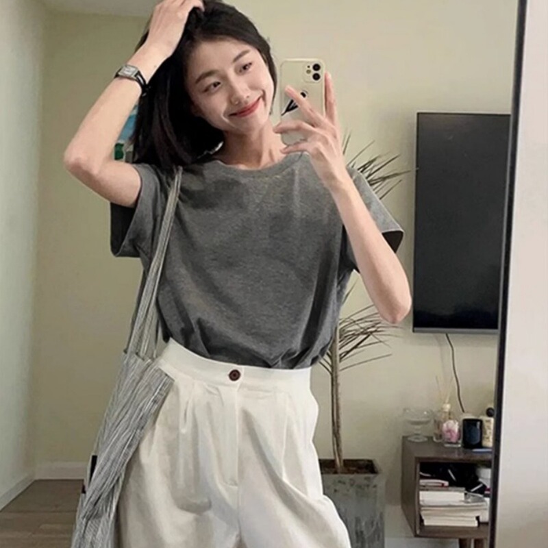 One-piece delivery gray cotton shoulder T-shirt women's top summer simple loose all-match Korean style basic short sleeve