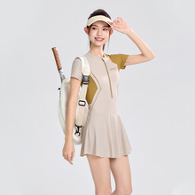 2026舒漫新款连体泳衣女短袖百褶裙式保守显瘦遮肚防晒运动风泳装