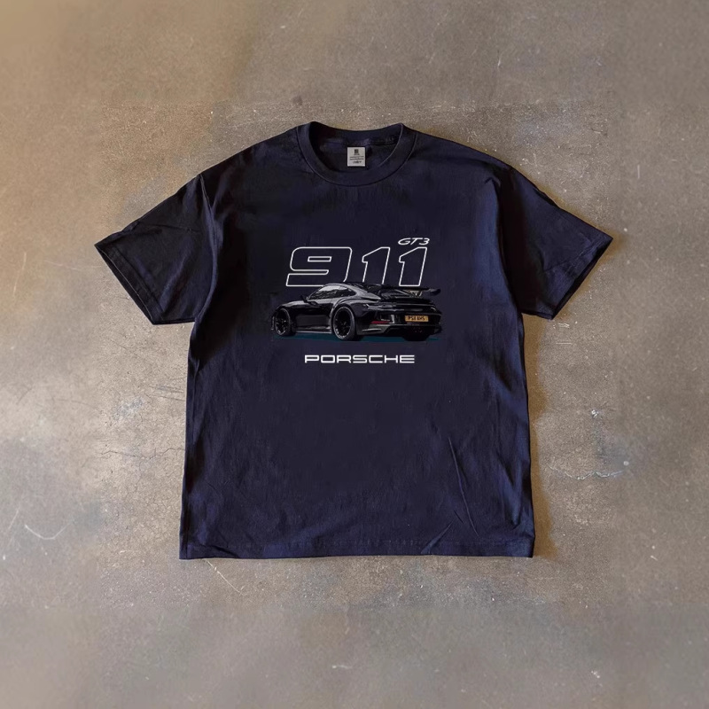 2026 New Heavyweight Cross-Border American-Style Oversized Porsche 911 Print Couple's Loose Short-Sleeve T-Shirt for Women and Men