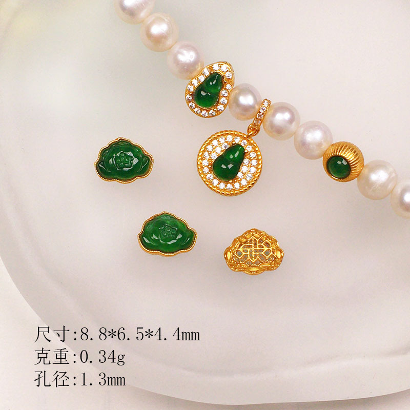 Natural Yang Green Jade S925 Silver Gold-Plated Gourd Accessories Bracelet Necklace String DIY Handmade Bead Semi-Finished Product