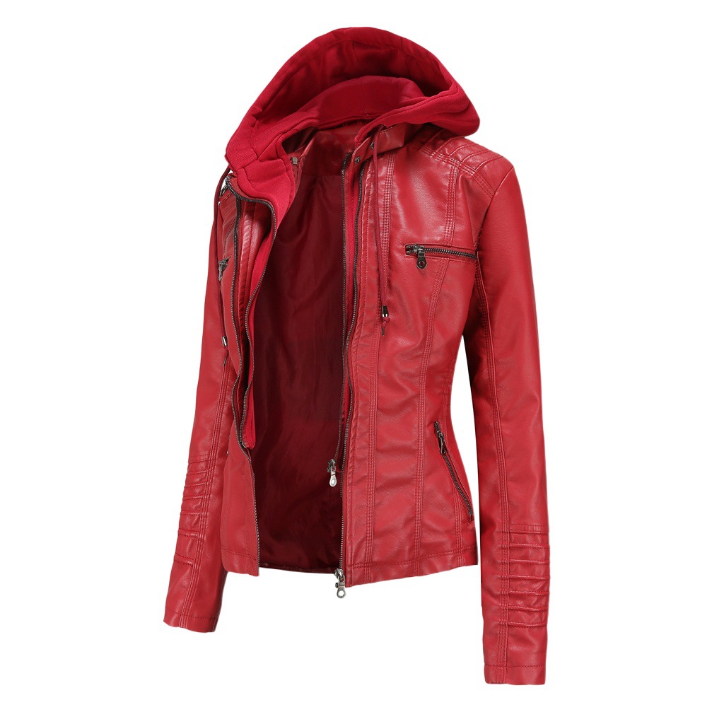 23 European and American Cross-border Hooded Leather Jacket Two-piece Set Removable Large Size Leather Jacket Women's Spring and Autumn Coat Women's PU Wash Leather