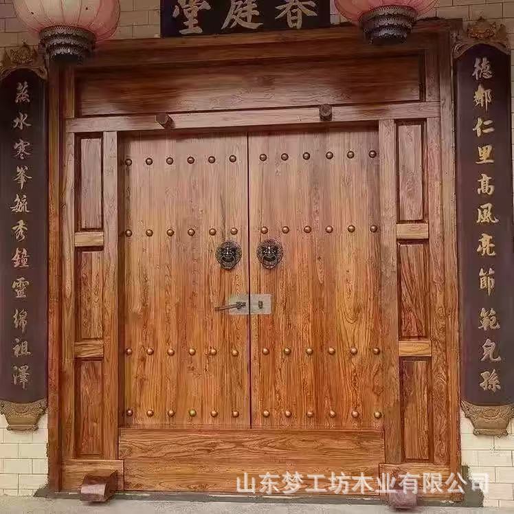 Retro Old Elm Wood Door for Self-Built House, Antique-Style Double Entry Door for Villa Courtyard, Distressed Double Solid Wood Door