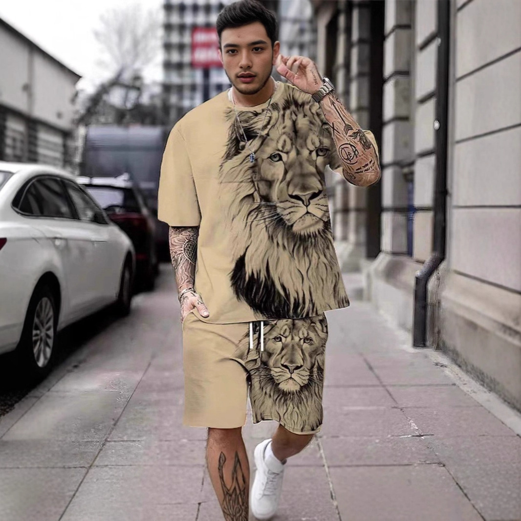 2026 Summer Fashion T-shirt 3D Lion Print Series Men's Street Round Neck Short Sleeve Set_viptrois.com