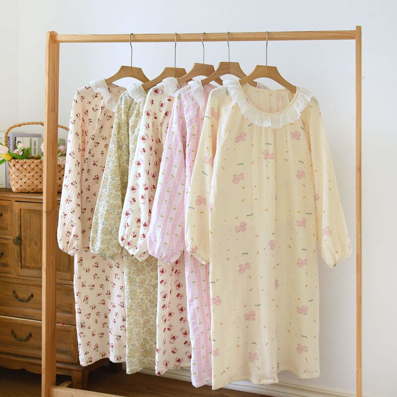 Nightdress Crepe Cotton Long Sleeve Crewneck Lace Pure Cotton Sweet Home Dress Princess Style Female Pajamas seersucker Pregnant Women's Dress