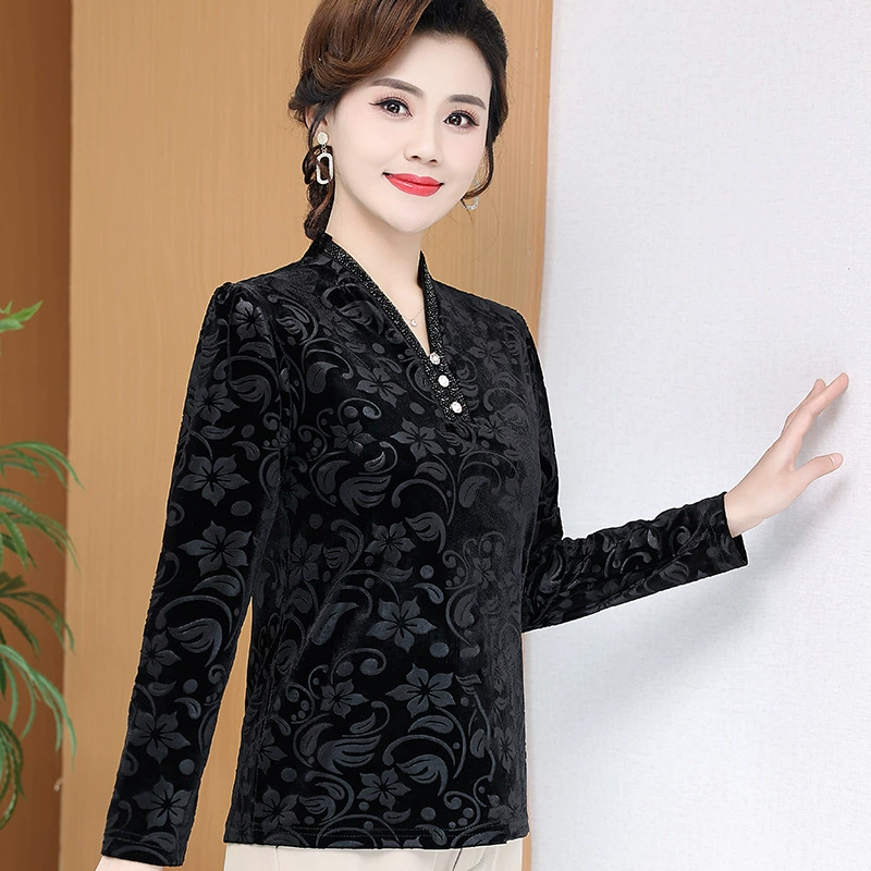 Мать среднего и пожилого возраста одеваются весенние нижние рубашки 2024 новая женская черная тонкая рубашка темперамент с длинными рукавами
