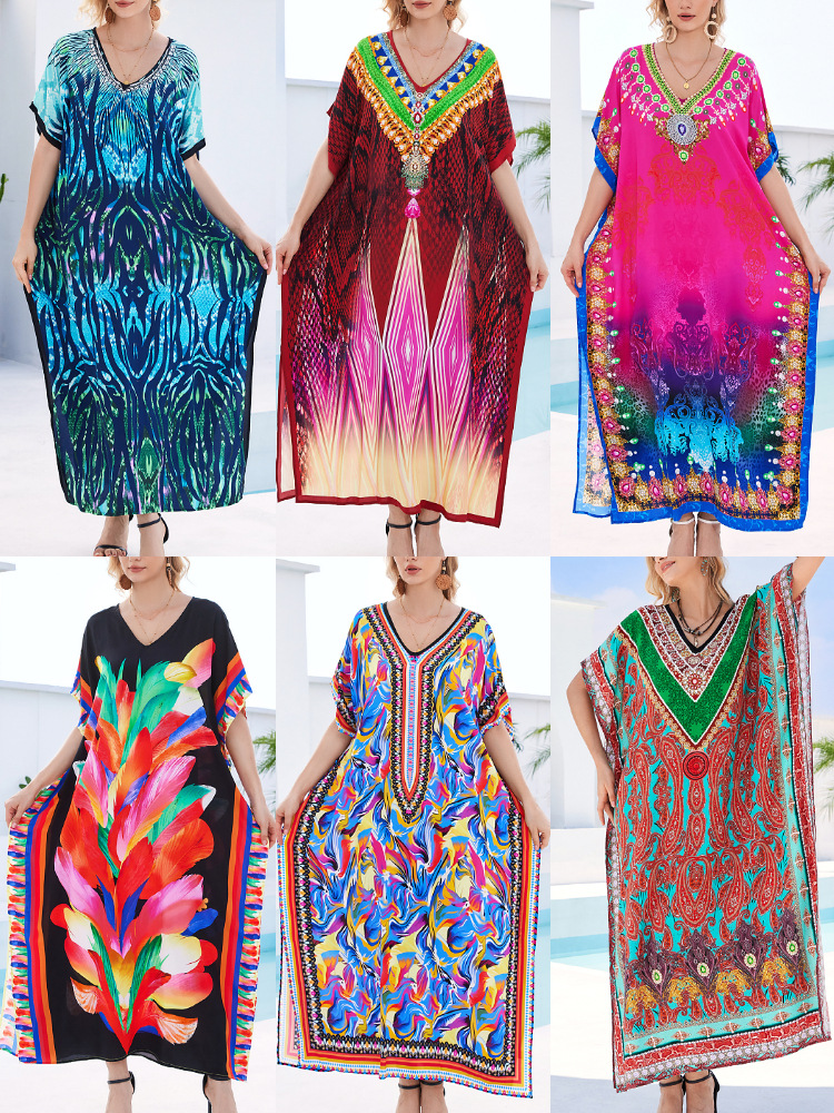 Camiseta de playa de algodón impresa de posicionamiento suelta vestido de vacaciones camisa protector solar bikini camisa AT603