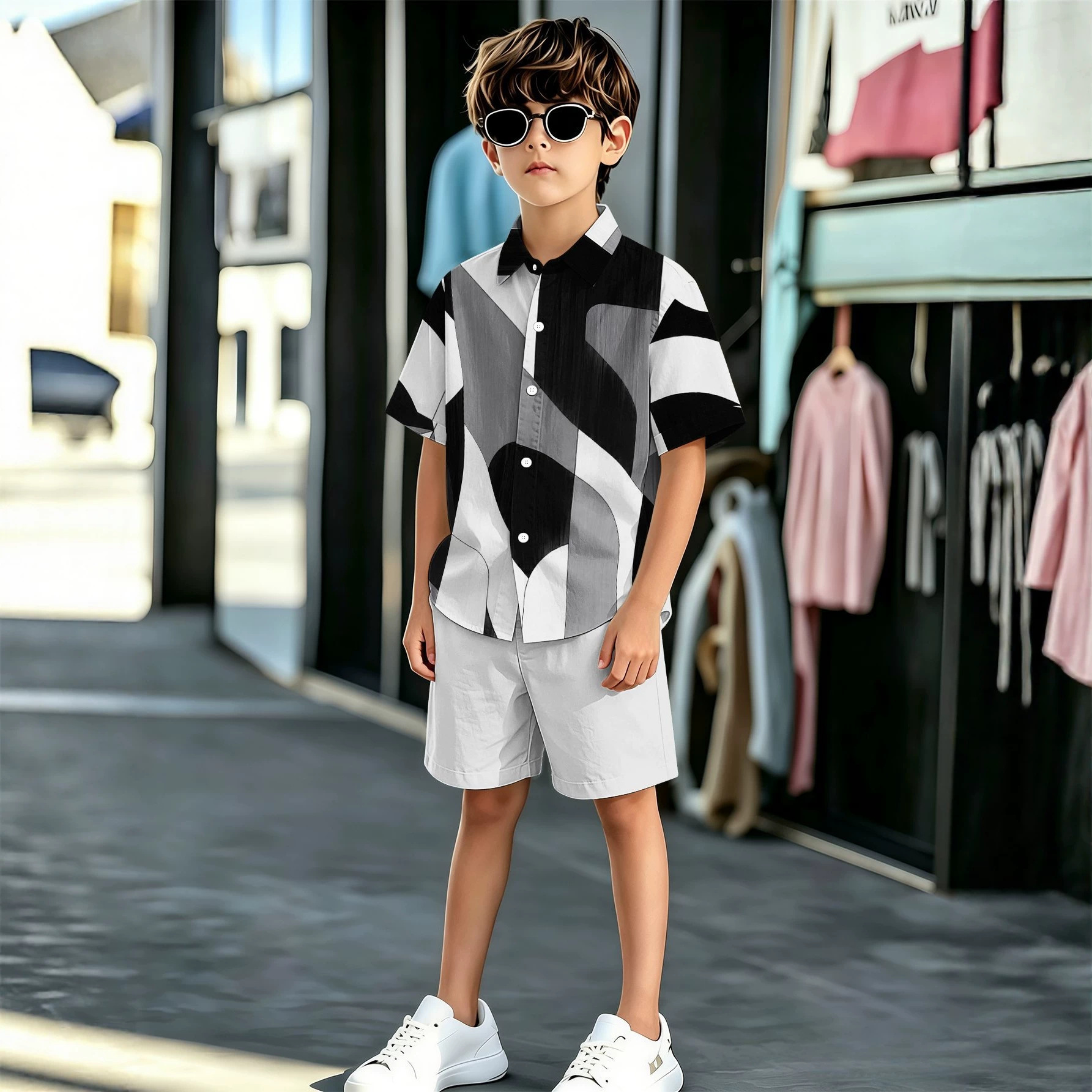 New Product: Stylish Cool Patterns, 3D Printing Technology, Boys' Collared Shirt And Shorts Set,_voghion.com