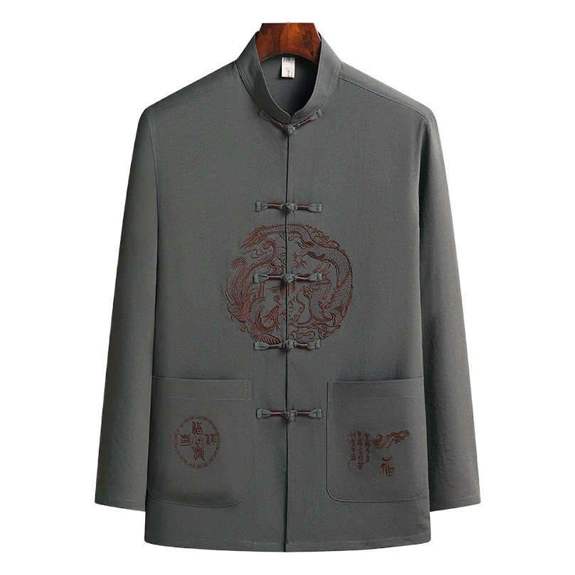 Оптовая продажа папа весна и осень рубашка с длинными рукавами среднего и старого возраста костюм Тан мужской китайский стиль платье на день рождения для девочки вышивка дедушка осень красный