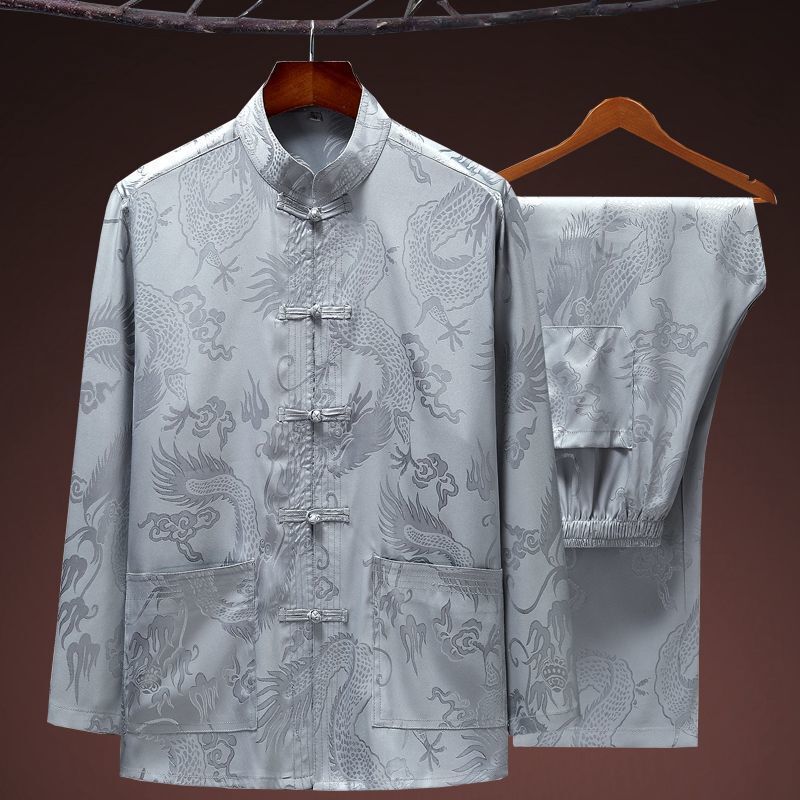 New Summer Ice Silk Tang Clothes Grandpa Clothes suit Long Sleeve Dad Clothes Middle-aged and Elderly Clothes Men's Chinese Style Summer Clothes