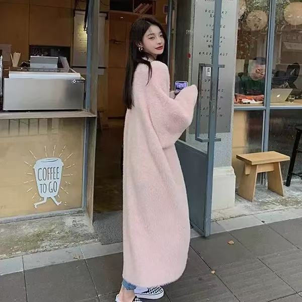 가을 겨울 여성을 위한 모조 밍크 벨벳 니트 가디건 새로운 다용도 무릎 길이의 긴 겉옷 루즈한 게으른 스타일 스웨터 재킷