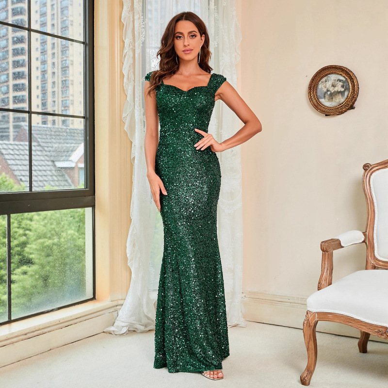 Summer European and American Style Sequined Elegant Green Spaghetti Strap Mid-Waist Party Evening Gown Long Floor-Length Dress