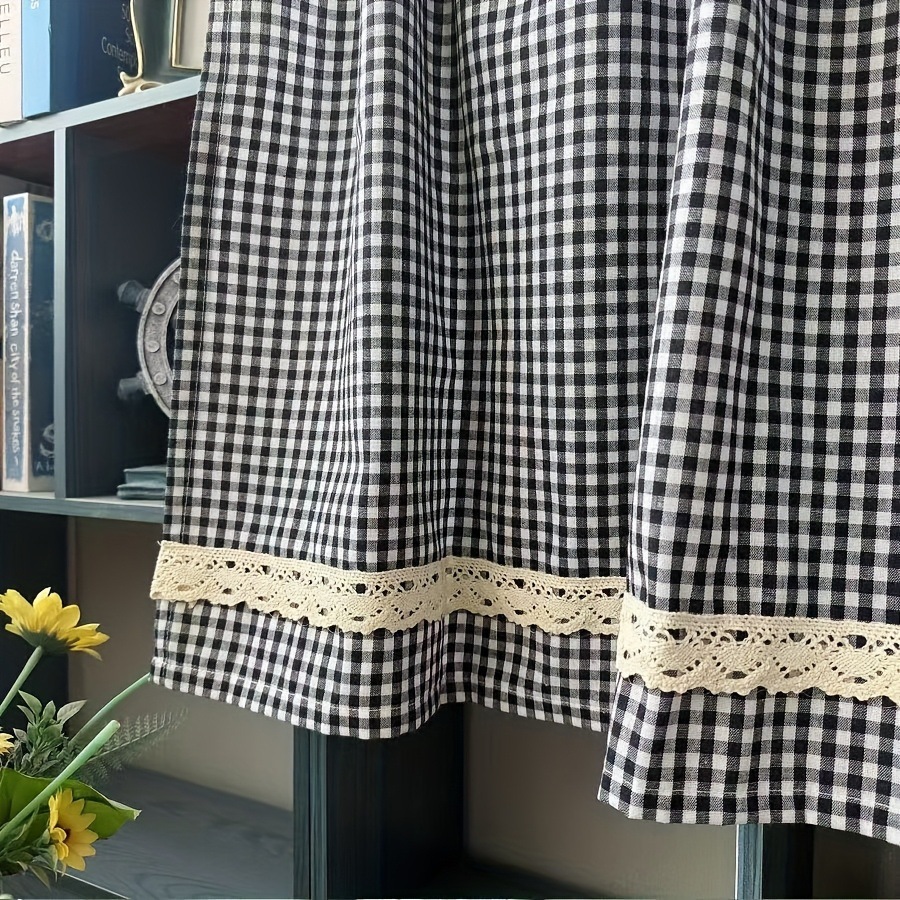 Retro Lace Window Curtain In Red And Black Plaid Style_voghion.com