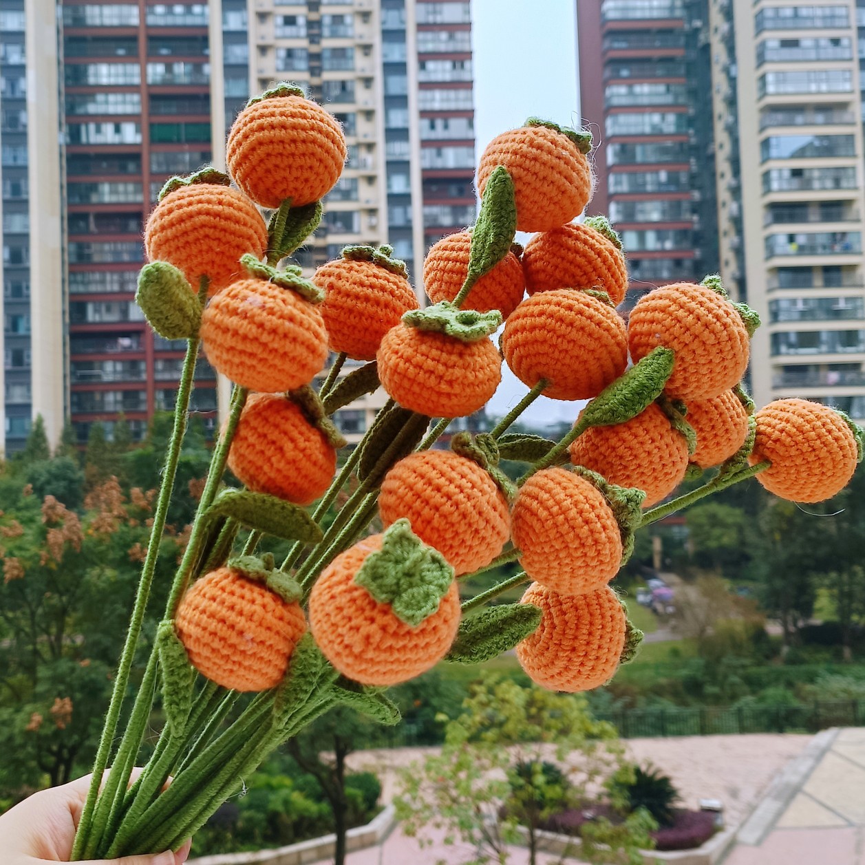 新年禮物柿柿如意純手工毛線編織花朵柿子單支花束創意禮品成品