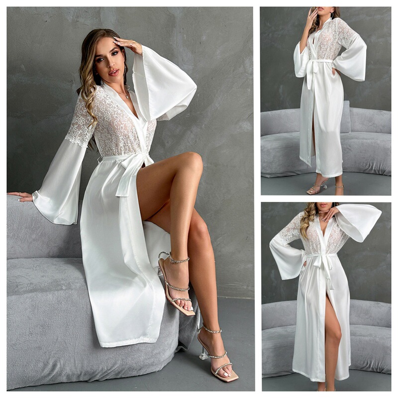 Cross-Border Wholesale White Trumpet Sleeve Robe, Elegant Lace-Up Slit Nightgown, Light Luxury Cool Bathrobe, Home Wear 803
