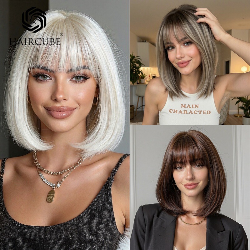 Short Straight Hair Wig, Bobo Style with Bangs, White Styling Wig, Amazon Bestseller, Full Head Wig Short Straight Hair Wig, Bobo Style with Bangs, White Styling Wig, Amazon Bestseller, Full Head Wig