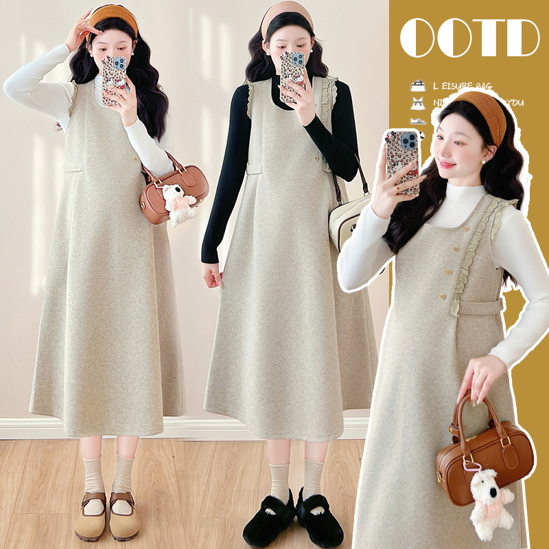 Casual Maternity Autumn and Winter New Style French Style Design Two-Piece Loose Large Size Dress with Adjustable Waistline