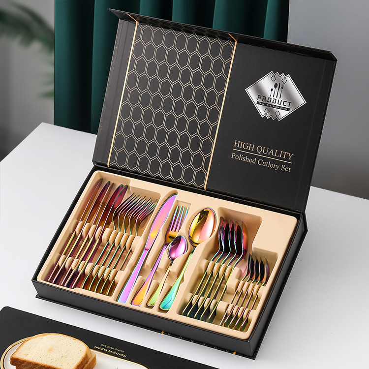 Amazon transfronteriza de 24 piezas de acero inoxidable occidental vajilla traje 1010 cuchillo, tenedor y cuchara de oro natural de almacenamiento en rack caja de regalo