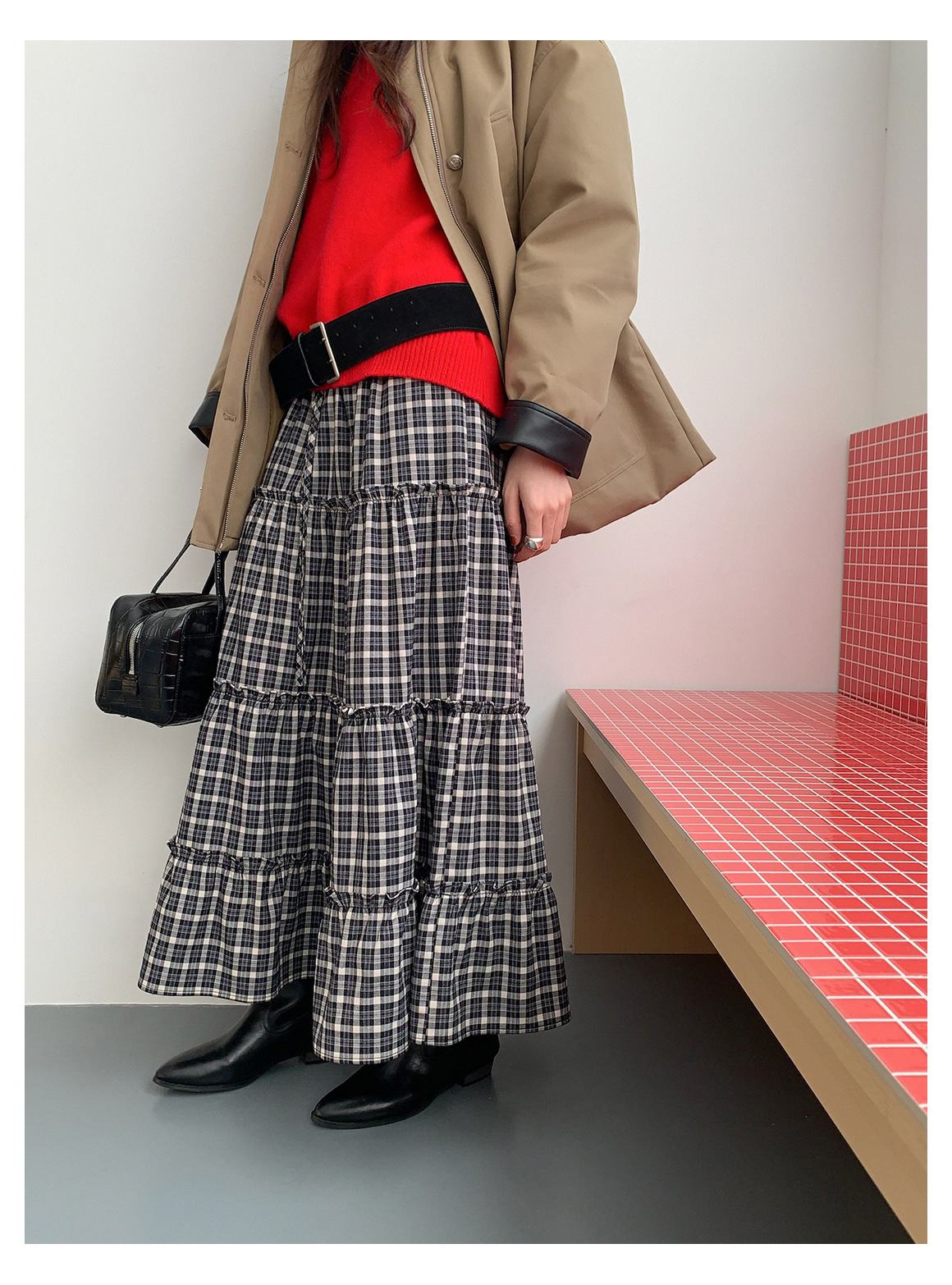 GraceChic GraceChic GraceChic Inbyin Gonna midi a quadri arricciati in stile coreano per donna, lunga vita elastica, che copre i fianchi, snellente_voghion.com