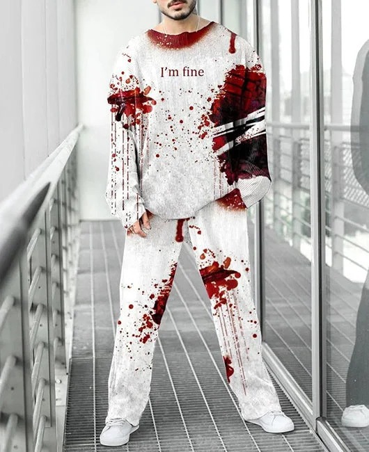 Colorido estilo personalizado estampado de dos piezas guapo otoño nuevo color contraste estilo Hong Kong cuello redondo camiseta pantalones ME6-MR10