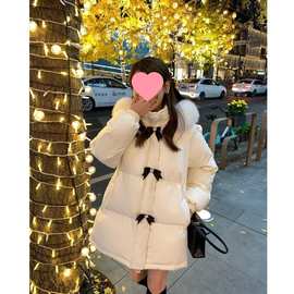 名媛小香风冬装蝴蝶结冬季大毛领连帽白色羽绒棉服外套女棉衣