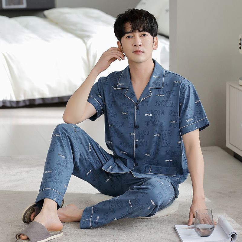 Pajamas de algodón para hombres de verano Cardigan de mangas cortas pantalones largos delgados set de ropa de hogar grande