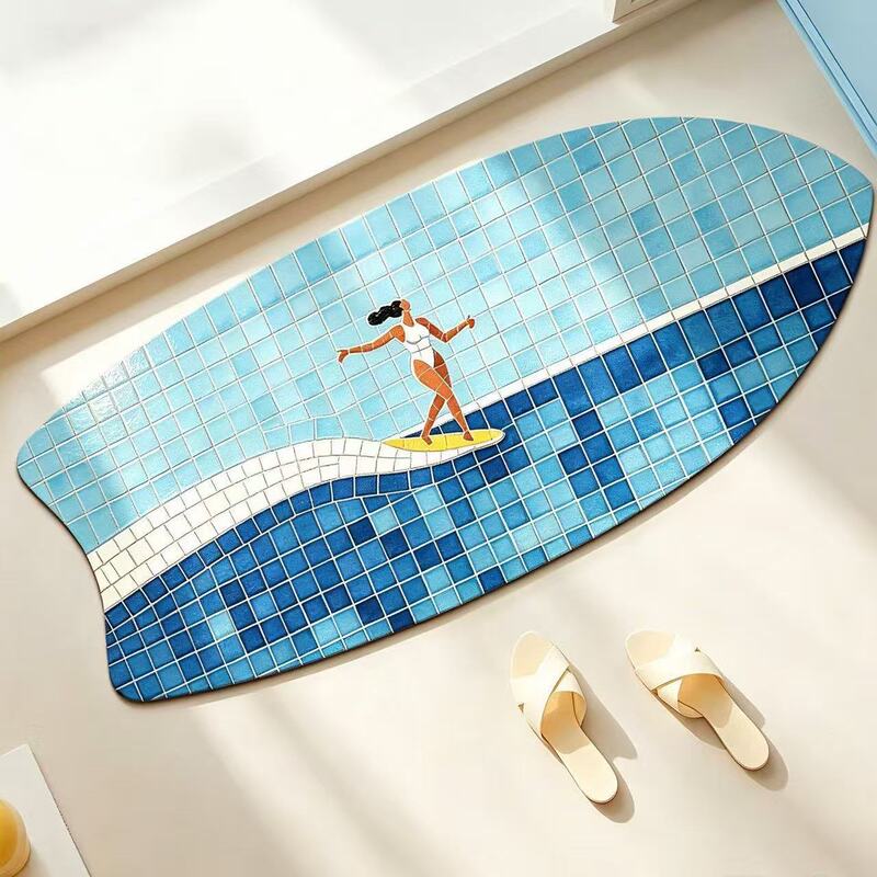 Creative mosaic surfboard-shaped diatomite bathroom mat, water-absorbent, quick-drying, non-slip floor mat for shower room