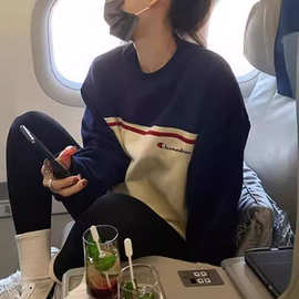 彩虹条棉卫衣女秋韩版时尚百搭蓝色小个子显瘦设计感小众别致上衣