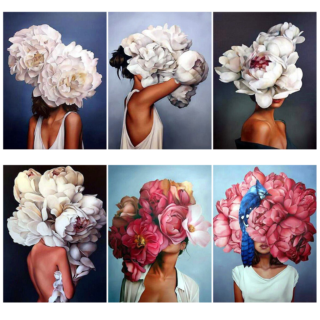 新款钻石画5D满钻头戴花美女钻石贴钻绣跨境十字绣卧室装饰画批发|ru