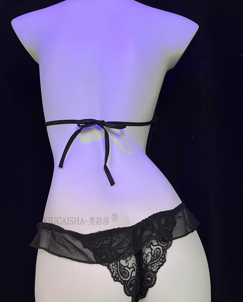 See-Through Lace Backless Babydoll Nightgown, Embroidered One-Piece Lingerie, Black with Open-Crotch Stockings — detail image 22