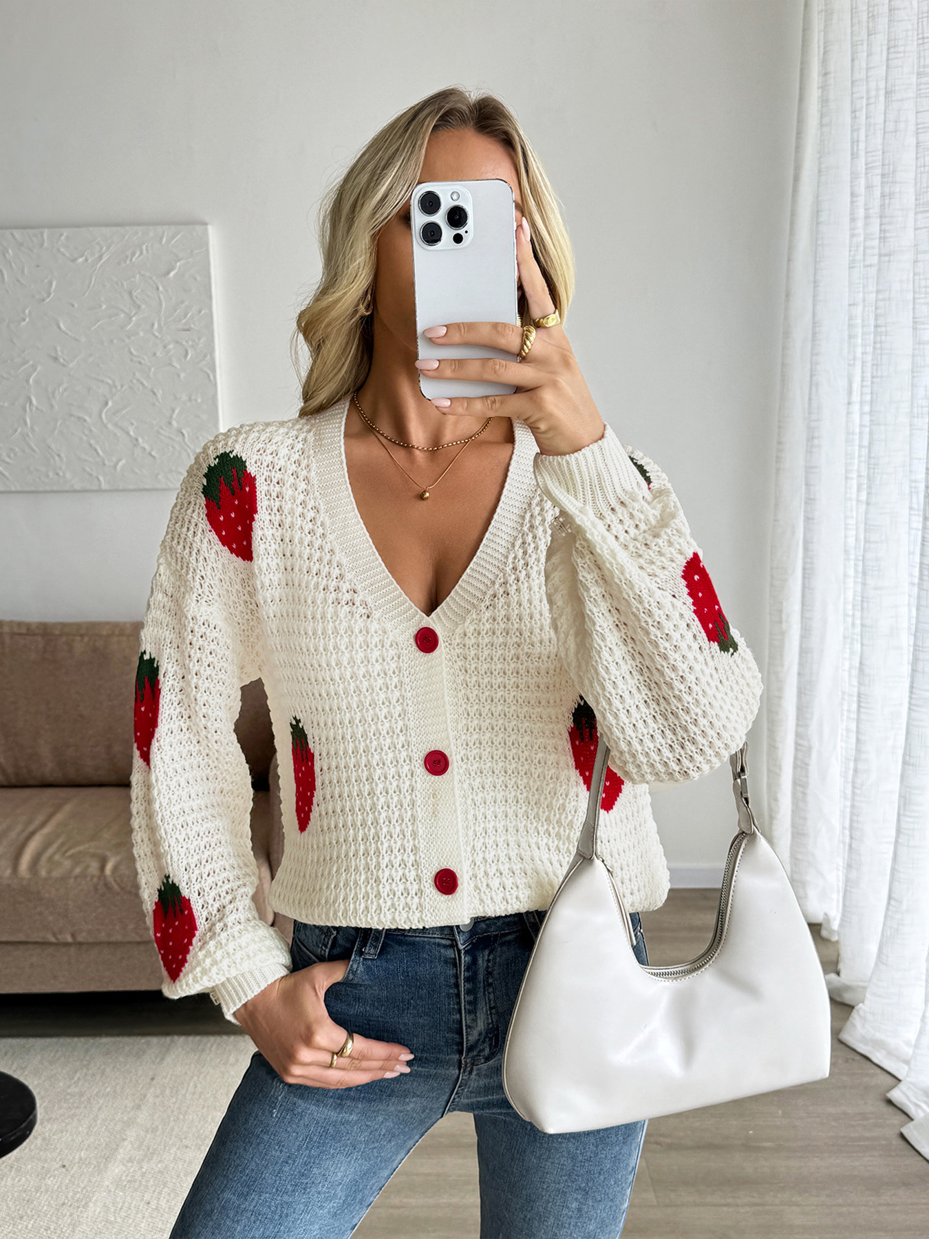 Women's Casual Cardigan Sweater With Strawberry Jacquard Pattern, Lightweight Knit Pullover, Open Front Long Sleeve Top For Spring & Fall_voghion.com