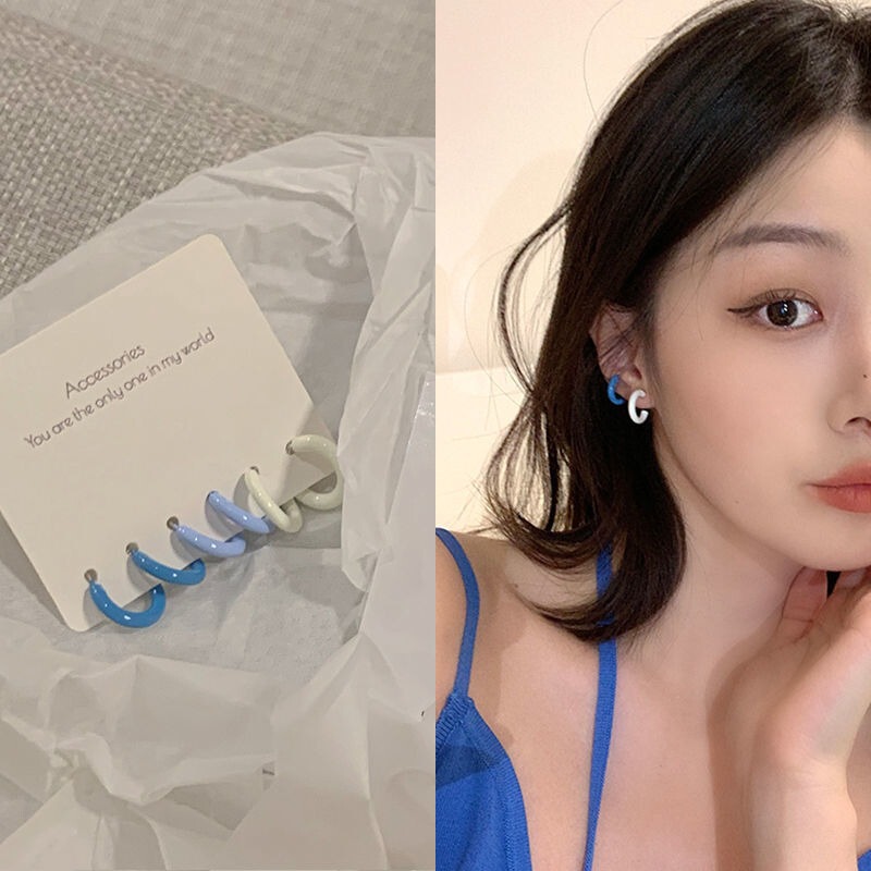 Daily all-match blue earrings suit three-piece set 2023 new fashion earrings summer simple earrings female ear pin