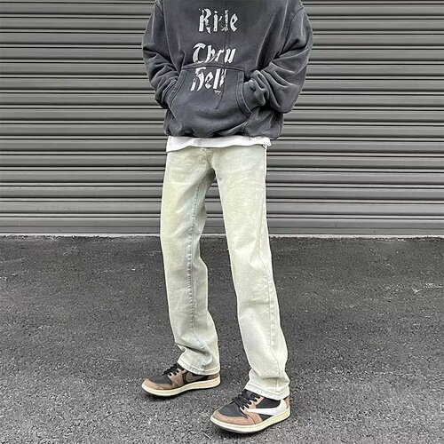 Urban Chic Vibe Pants - High Street American Retro Yellow Clay Denim for Men - Summer Distressed Straight Leg Micro Bell Bottoms