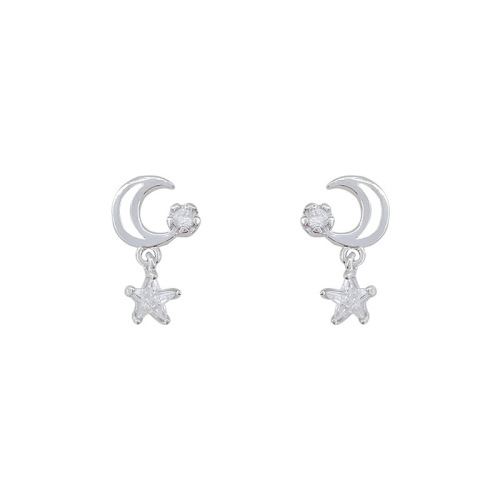 925 silver needle Japanese and Korean style star and moon zircon pendant earrings for women ins trend fashion simple temperament super flash earrings earrings