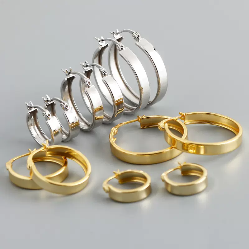 EH1325 跨境欧美宽扁素圈S925耳环金色个性时尚多尺寸耳圈耳扣女