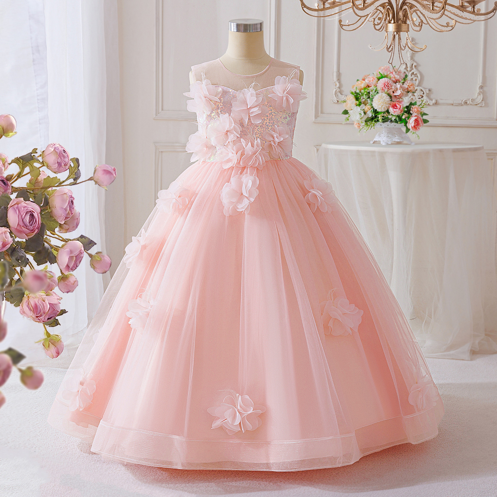 2026 nuevo vestido infantil vestido de princesa flor rosa niña anfitriona fabricante de ropa de piano