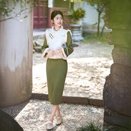 2025冬新款改良汉服旗袍套装女新中式国风复古改良旗袍马甲两件套