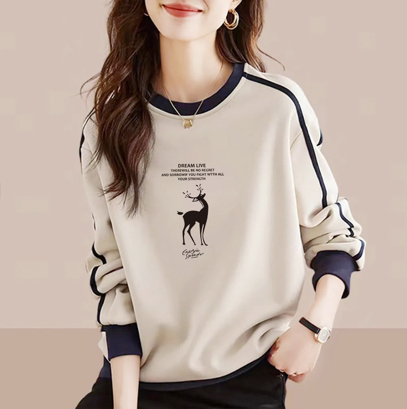Foreign Trade Brand Genuine Pure Cotton Long-Sleeve Printed Sweatshirt for Women, Spring and Winter Style, Fashionable, Versatile, Artistic, Age-Reducing, Color-Blocking Top