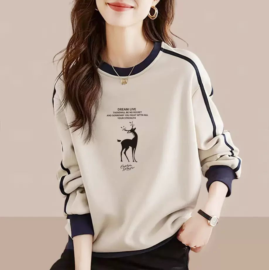 外贸品牌正品纯棉长袖印花卫衣女秋冬款时尚百搭文艺减龄拼色上衣